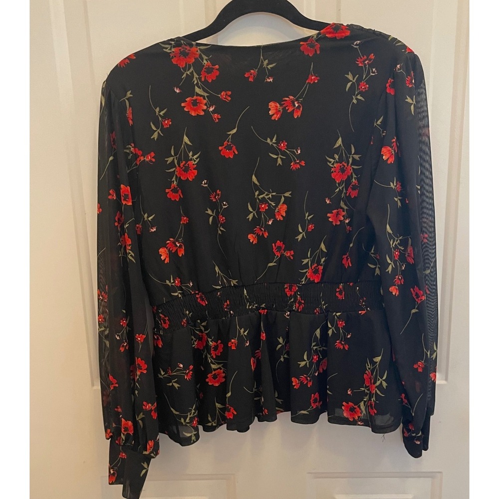 Ember Black Red Floral Peplum Blouse Sheer Top Women L Whimsigoth Career - Picture 7 of 8